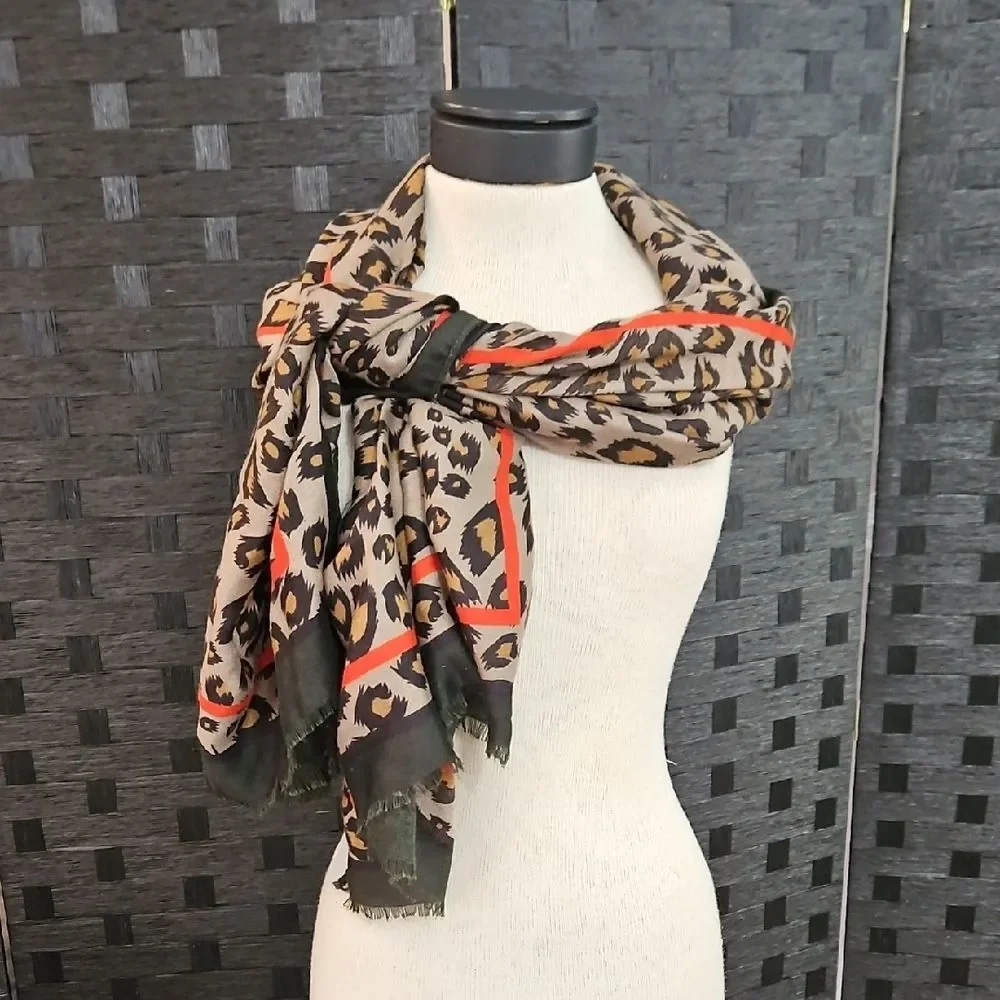 Large Leopard Print Scarf with Red Accents